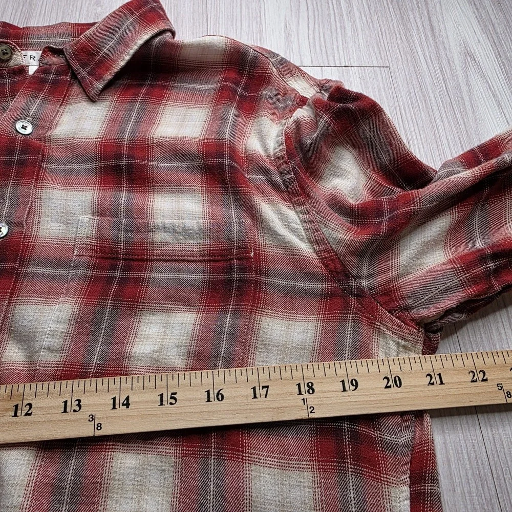 FRAME Slim Plaid Flannel Shirt Red Cream‎ Distressed Hem Button Up Medium - Picture 10 of 10